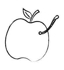 sketch of apple fruit with a worm icon over white background, vector illustration