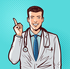 Happy doctor with index finger. Hospital, pharmacy, health, medicine concept. Pop art retro comic style. Cartoon vector illustration