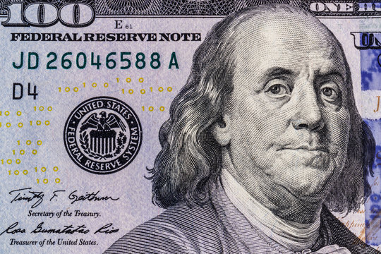 Closeup of Ben Franklin on a one hundred dollar bill for background II