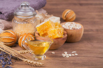 Honeycomb, sea salt, oatmeal and handmade soap with honey
