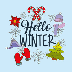hello winter christmas decoration tree hat gloves flower vector illustration