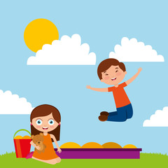 kids playing with sand bear toy in park cartoon vector illustration