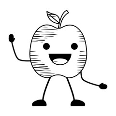 sketch of kawaii happy apple icon over white background, vector illustration