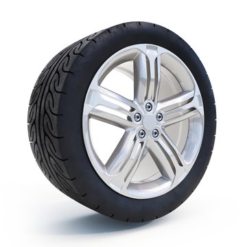 Rendering Of A Single Car Tire On A White Background  3D Illustration