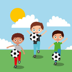 kids playing with soccer balls in field cartoon vector illustration