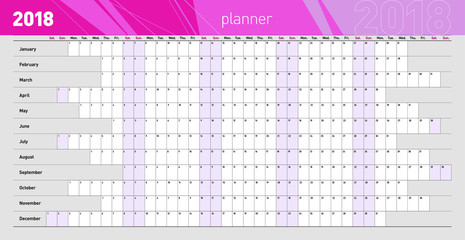 Yearly wall planner for the 2018 year. Pink color code