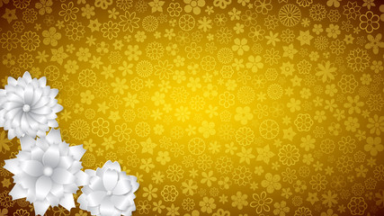 Background of various small flowers in yellow colors with several big white paper flowers