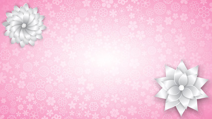 Background of various small flowers in pink colors with several big white paper flowers
