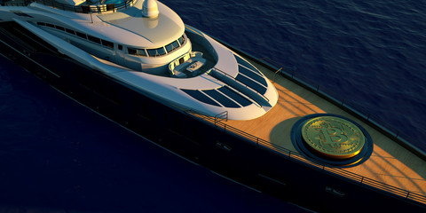 Extremeley detailed and realistic 3D illustration of a luxury Super Yacht transporting a big Bitcoin