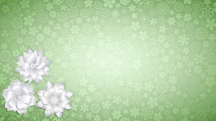 Background of various small flowers in light green colors with several big white paper flowers