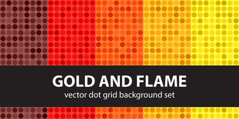 Polka dot pattern set Gold and Flame. Vector seamless geometric dot backgrounds