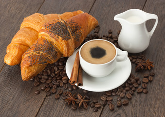 A Cup of coffee with fresh croissants .