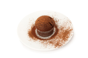 Chocolate muffin on a saucer in the cocoa powder .