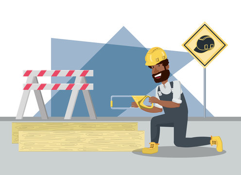 Construction builder with handsaw and wooden board over white background, colorful design vector illustration