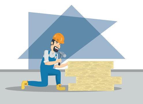 cartoon builder hitting a wooden board with a hammer tool over white background, colorful design vector illustration