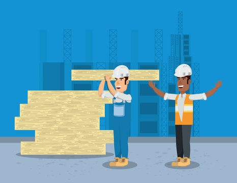 Under construction zone with builders with wooden boards over blue background, colorful design vector illustration