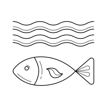 Fish under sea wave vector line icon isolated on white background. Small fish in water line icon for infographic, website or app.