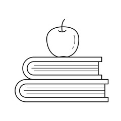 Text books and apple vector line icon isolated on white background. Apple lying on study books line icon for infographic, website or app. Icon designed on a grid system.
