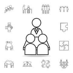 business teacher giving lecture or presentation to a group of employees icon. Detailed set of team work outline icons. Premium quality graphic design icon