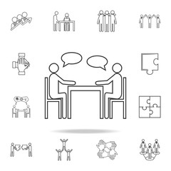 People sitting around the table talking line icon. Detailed set of team work outline icons. Premium quality graphic design icon. One of the collection icons for websites