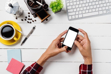 Man hands holding blank screen a smartphone