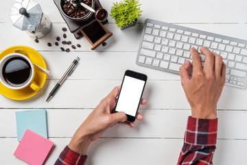 Man hands holding blank screen a smartphone