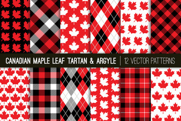 Obraz premium Canadian Vector Patterns in Maple Leaf, Tartan Plaid and Argyle. Canada Day July 1st Party Celebration Backgrounds. Red, Black & White. Northern Lumberjack Plaid Prints. Pattern Tile Swatches Included