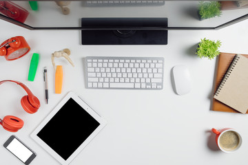 Office stuff with laptop,blank screen smart phone