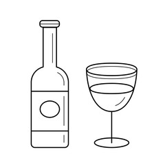 Wine bottle line icon isolated on white background. Vector line icon of bottle and glass of wine for infographic, website or app.