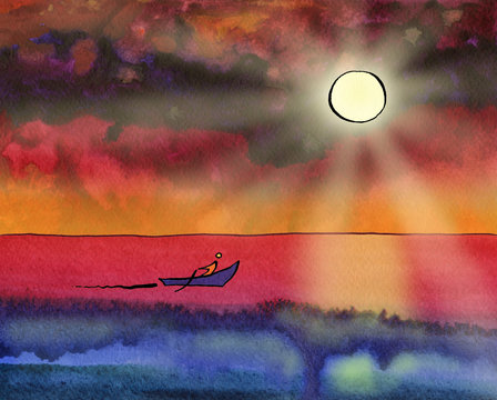 The boat sails on the sea under the sun. Fantasy sunset. Sailor paddles with a paddle.Indian Ink drawing with a pen on paper filled with watercolor background