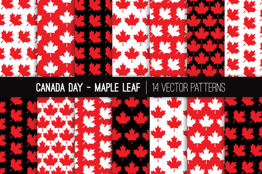 Canadian Maple Leaf Seamless Vector Patterns in Red, Black and White. Canada Day July 1st Party Celebration Backgrounds. Pattern Tile Swatches Included.
