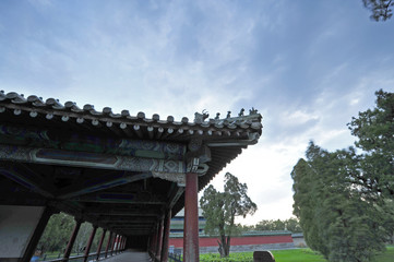 The ancient wall, blue glazed tile roof, located in the temple of heaven in Beijing, in China