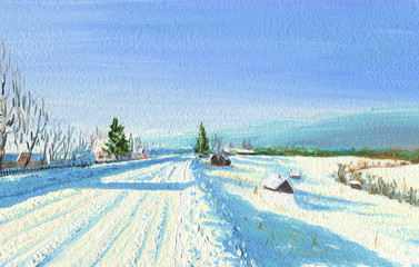 Frosty Winter Day in the Village. A lot of snow. Sunlit huts by frozen lake. Forest is on the horizon.Forest is on the horizon.Oil painting on hardboard, fragment.
