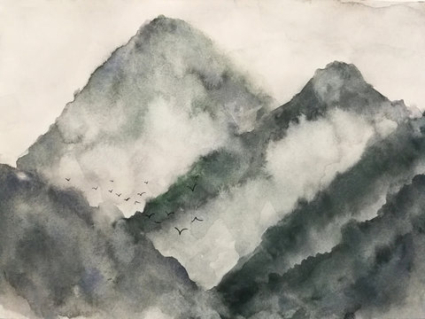 watercolor landscape mountain fog and birds. asia art style