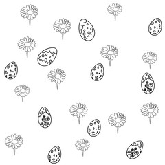 Black and white Seamless pattern. Vector illustration. Flowers and Easter Eggs.