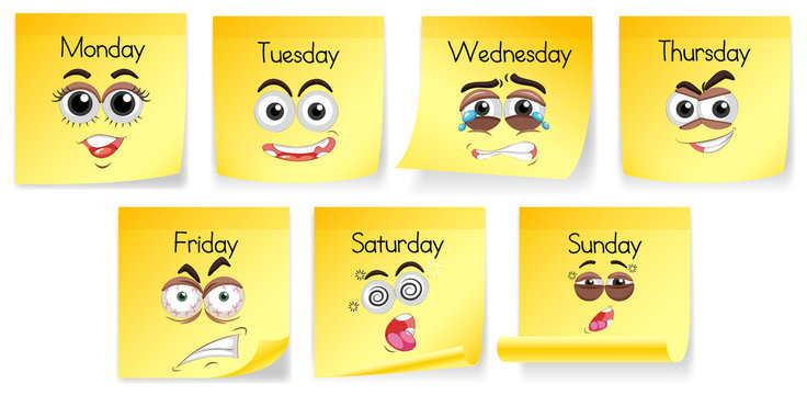 Yellow notes with days of the week and facial expressions