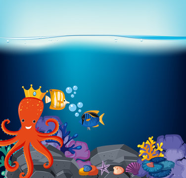 Underwater scene with octopus and fish