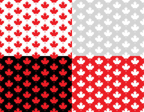 Canadian Maple Leaf Seamless Vector Pattern Tiles in Red, Black, White and Silver Gray. Set of Canada Day July 1st Party Celebration Backgrounds. Repeating Pattern Tile Swatches Included.