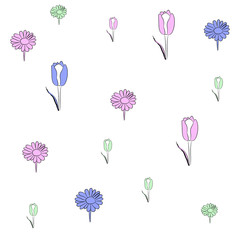 Seamless pattern. Vector image of flowers. Tulips, daisies.