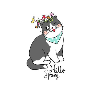 Vector illustration draw character design of cute cat hello spring and beauty flower Doodle style