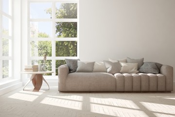 Idea of white room with sofa and summer landscape in window. Scandinavian interior design. 3D illustration