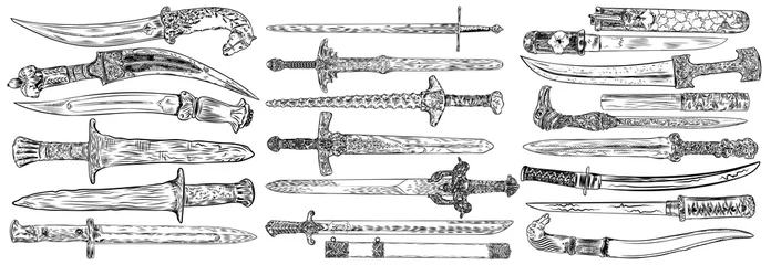 Fotobehang Black work tattoo art hand drawn engraving style medieval knife, dagger, sword for flesh body art. Vintage sketch edged antique weapons. Vector. © desertsands