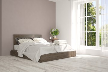 Inspiration of white minimalist  bedroom with summer landscape in window. Scandinavian interior design. 3D illustration