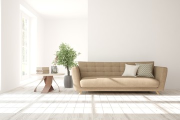 Fototapeta na wymiar Idea of white minimalist room with sofa. Scandinavian interior design. 3D illustration