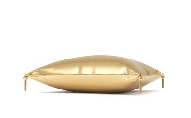 3d rendering of a pillow made of golden fabric with gold trim and intricate tassels.