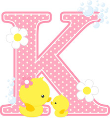 initial k with bubbles and cute rubber duck isolated on white. can be used for baby girl birth announcements, nursery decoration, party theme or birthday invitation. 