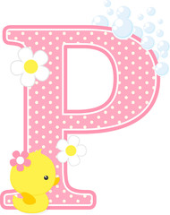 initial p with flowers and cute rubber duck isolated on white. can be used for baby girl birth announcements, nursery decoration, party theme or birthday invitation. Design for baby girl