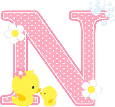 initial n with flowers and cute baby duck and mom isolated on white. can be used for baby girl birth announcements, nursery decoration, mother's day card,party theme or birthday invitation.