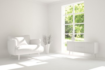 White room with armchair. Scandinavian interior design. 3D illustration