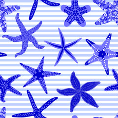 Sea stars seamless pattern. Marine striped backgrounds with starfishes. Starfish underwater invertebrate animal. Vector illustration